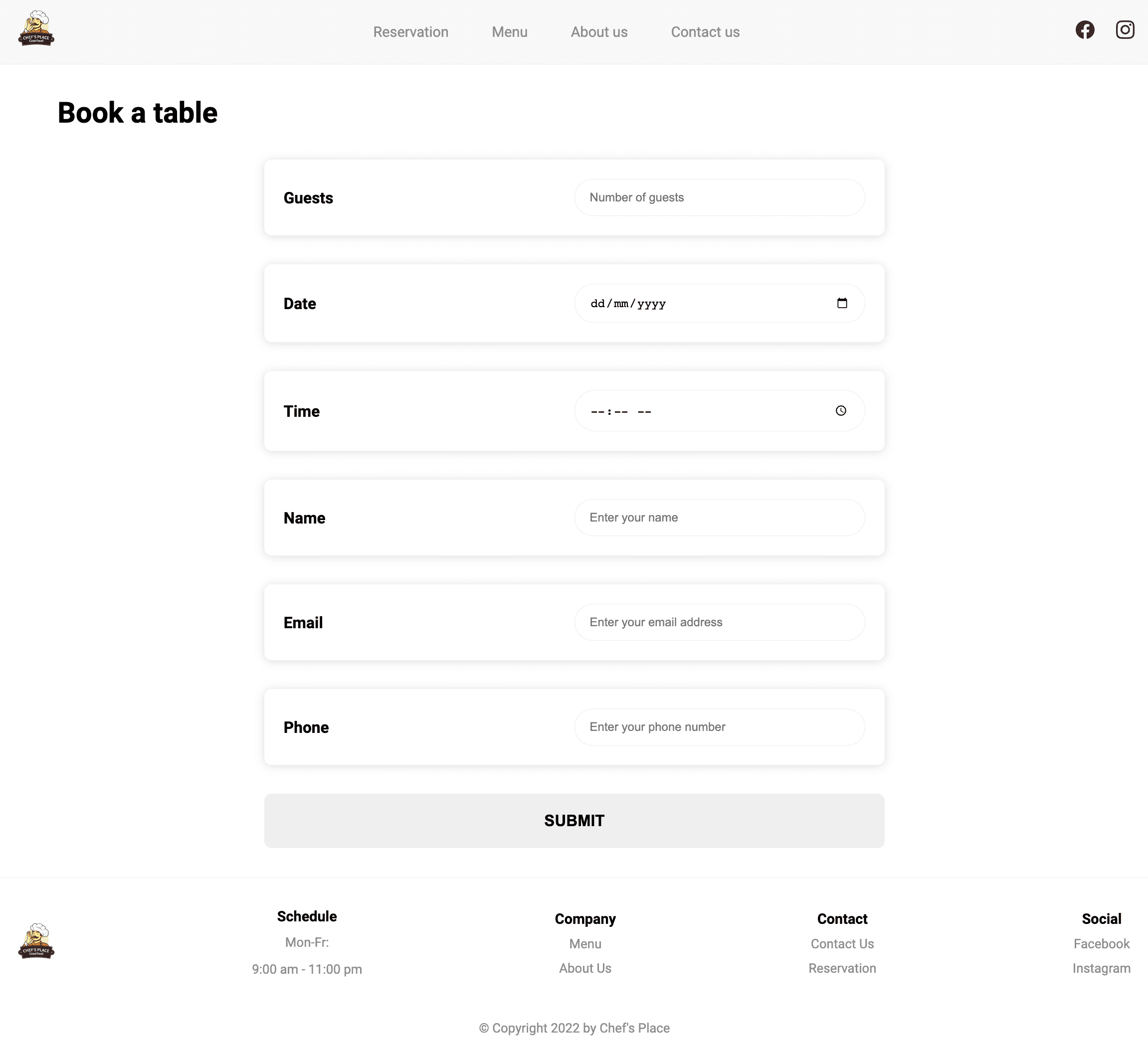 Chefs place reservation page