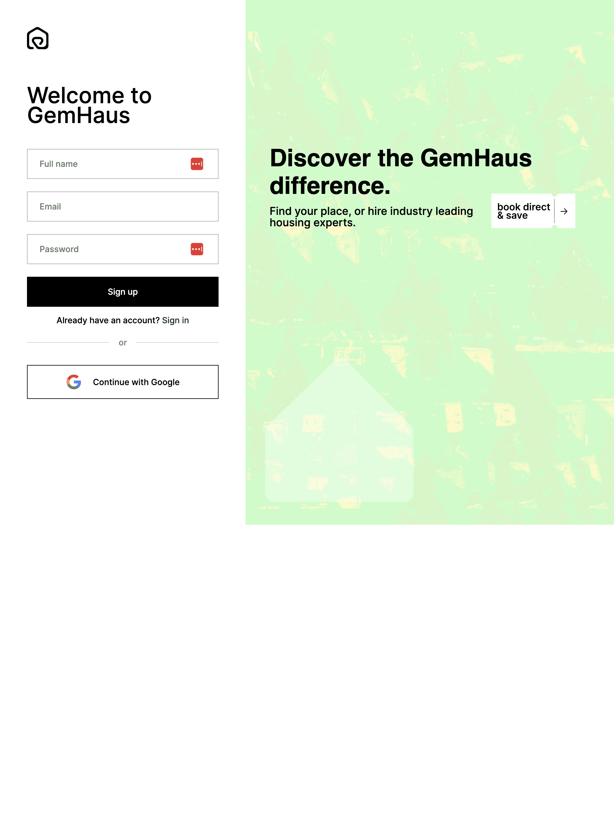 Gemhaus signup page