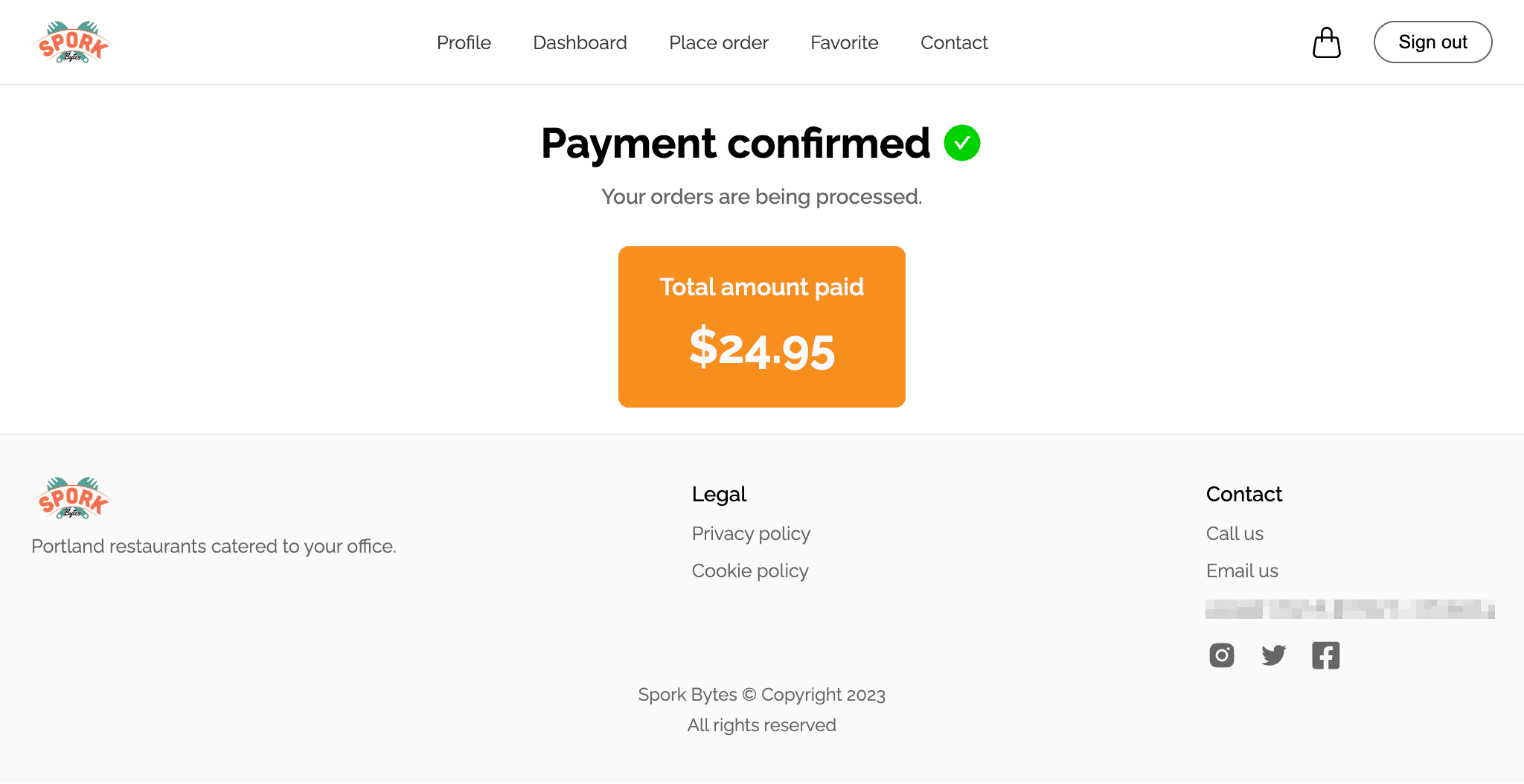 Sporkbox payment confirmation page