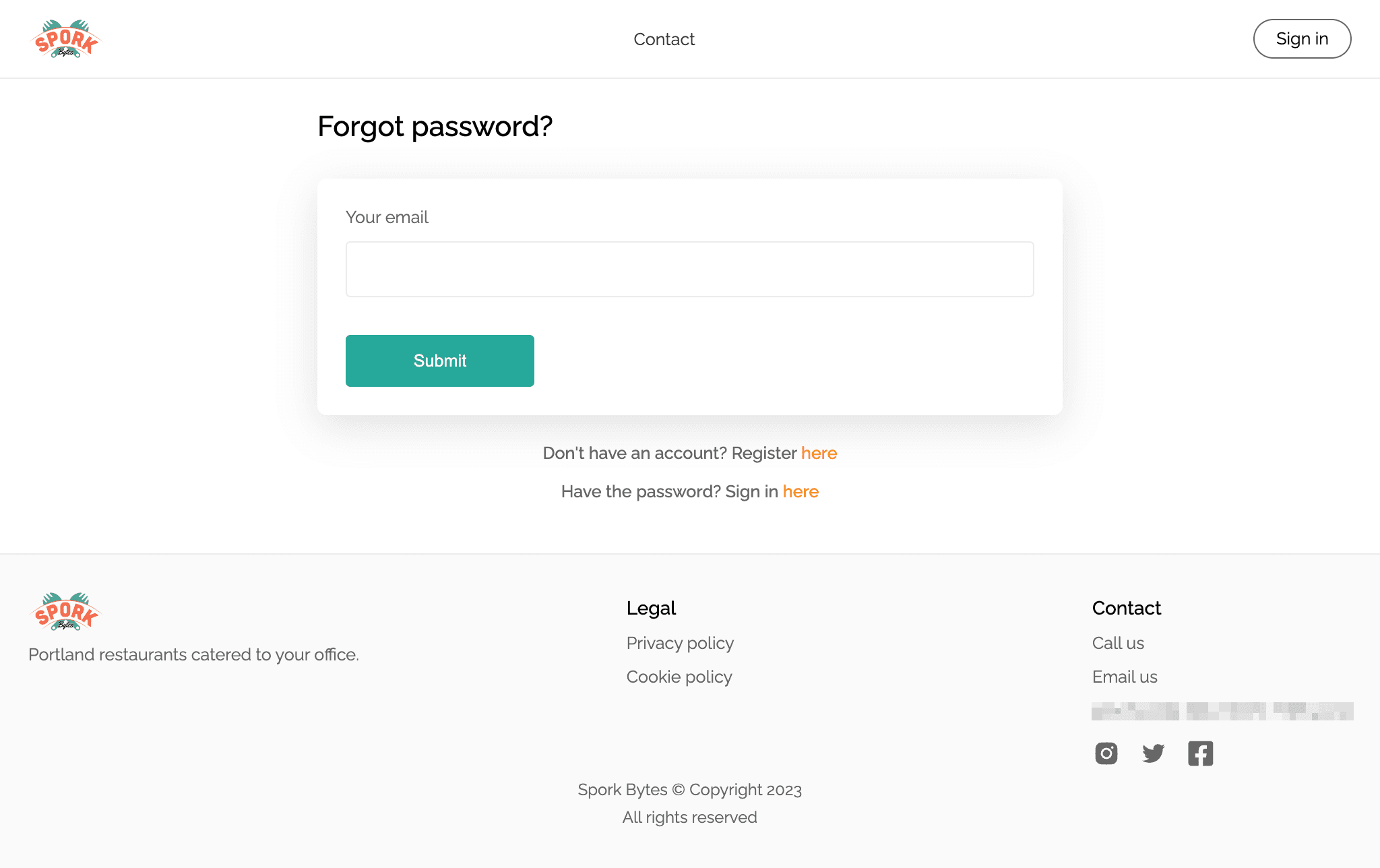 Sporkbox forgot password page