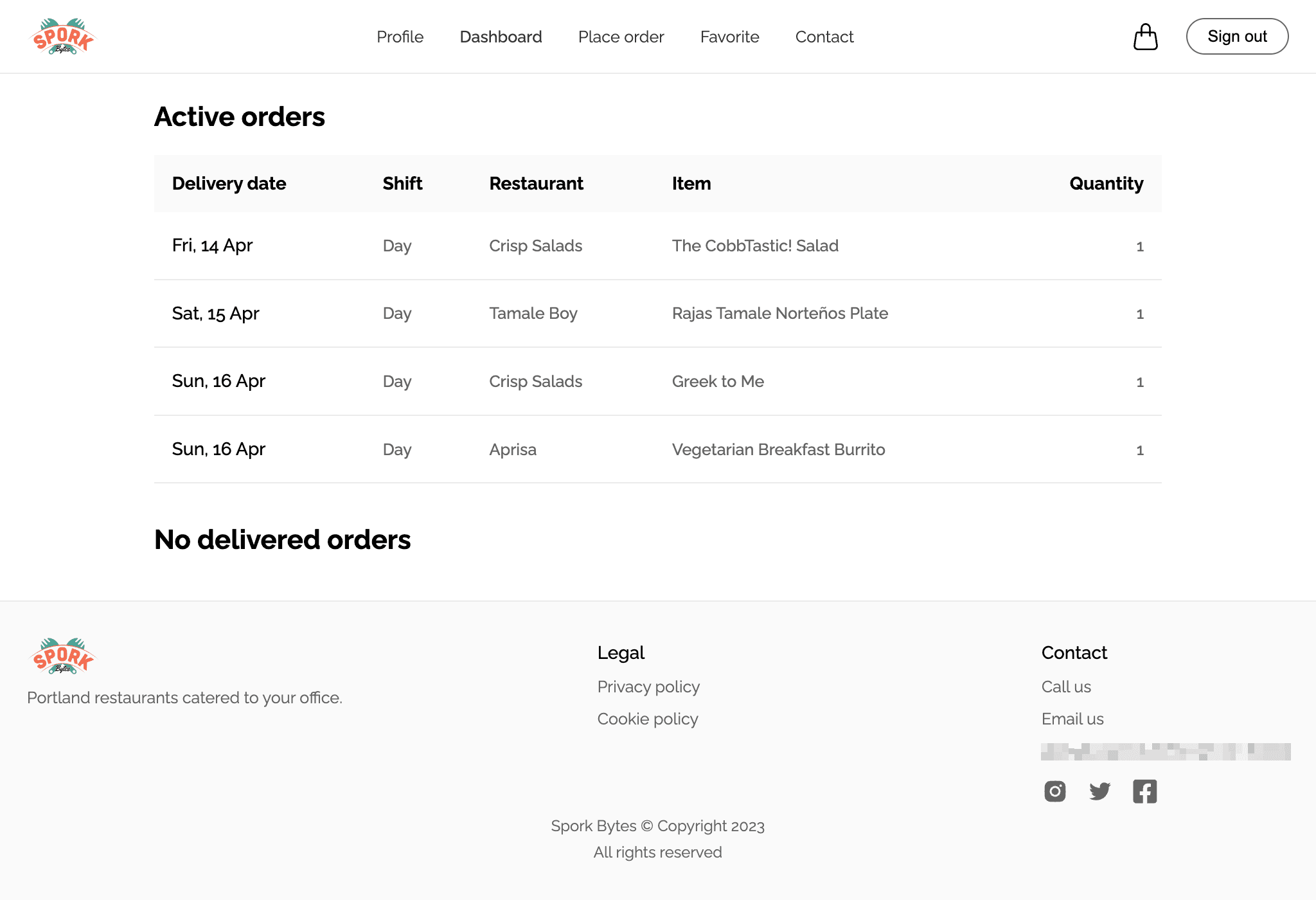 Sporkbox customer dashboard page